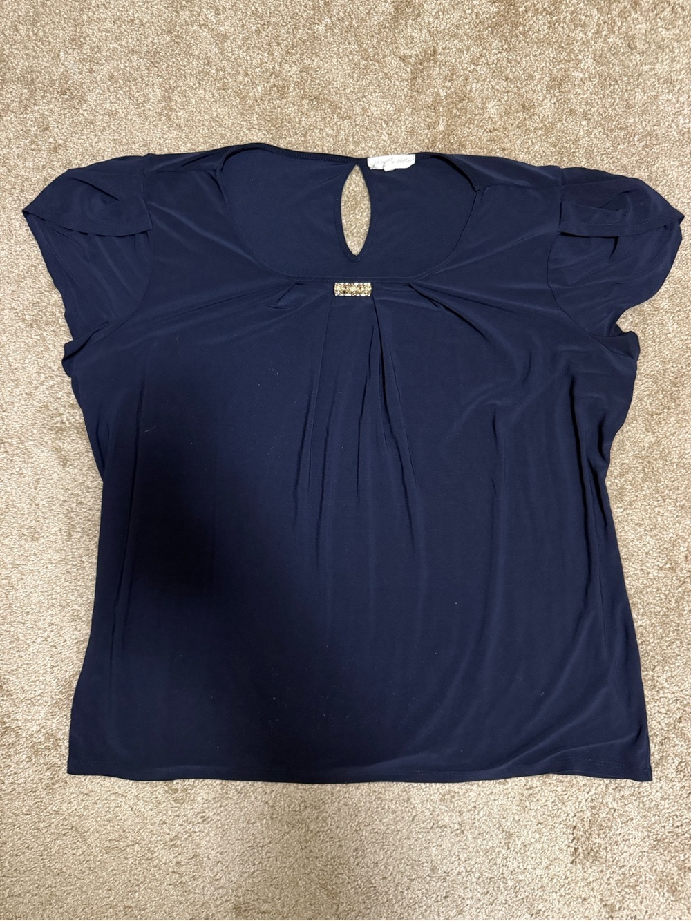 Navy‎ Keyhole Blouse with Gold Accent. C37